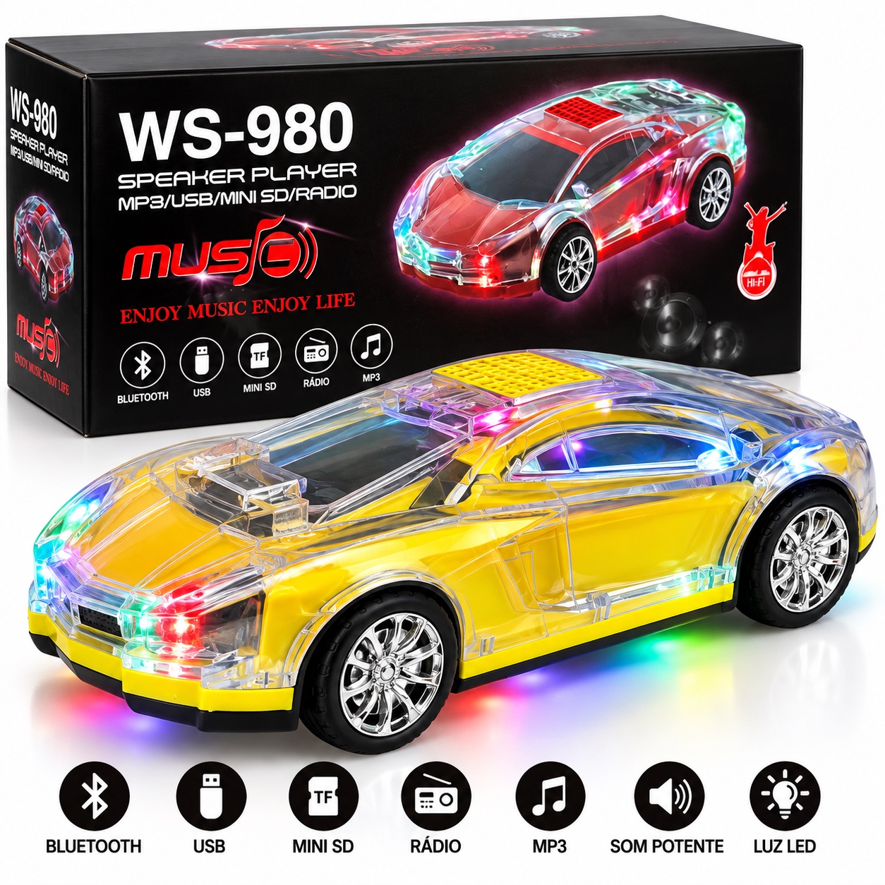 Carro caixa de som bluetooth com led